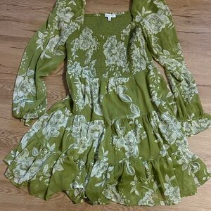 Green Floral Tiered Smocked Mini Dress